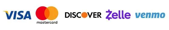Payment service logos: VISA, Mastercard, Discover, Zelle, Venmo.